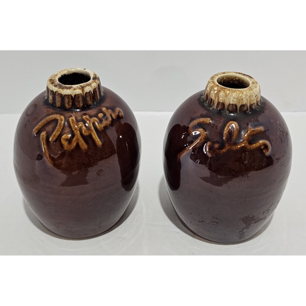 Vintage Salt & Pepper Shakers - Hull Pottery - Brown Drip Glaze -Ovenproof-USA